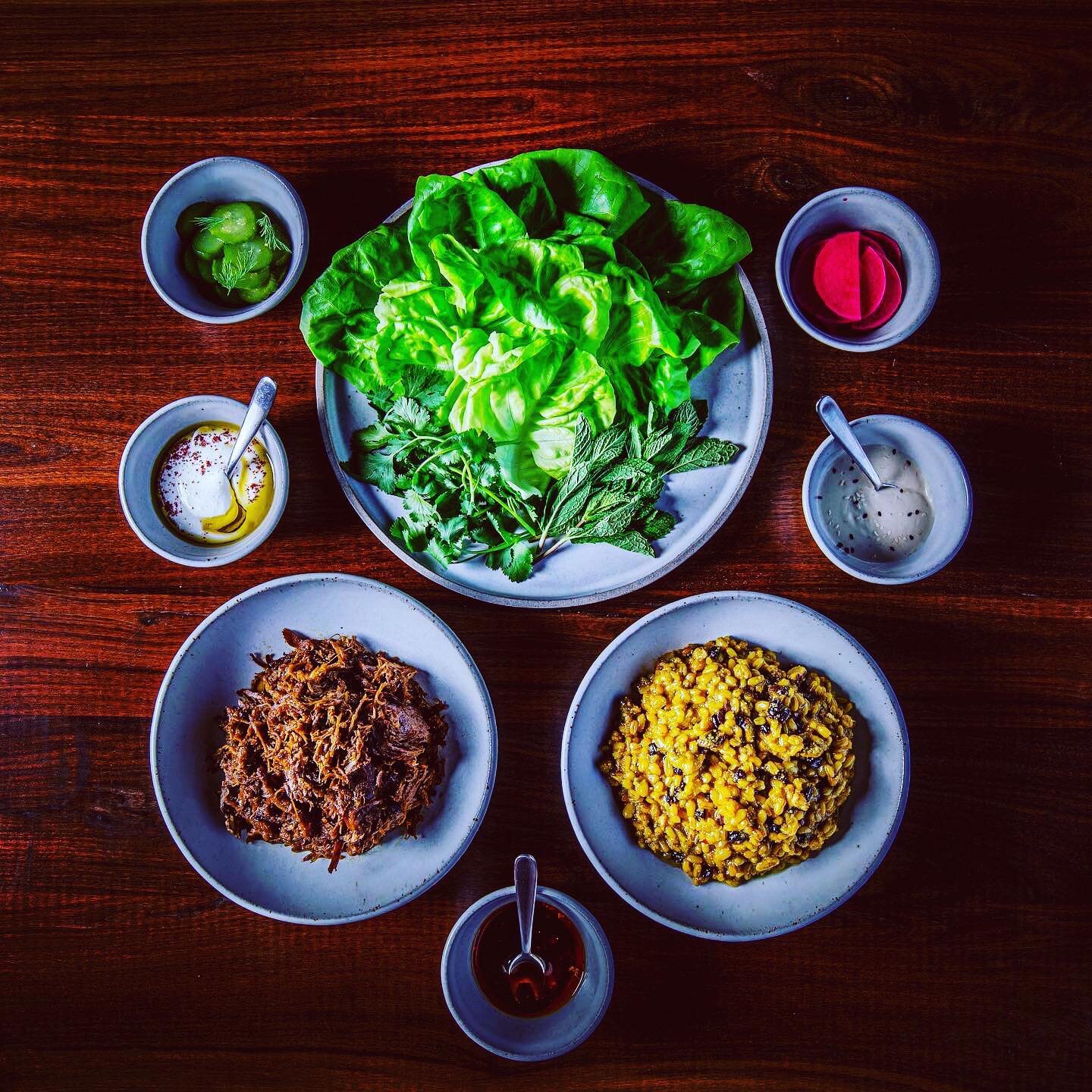 lamb &ldquo;bo ssam&rdquo; / bejeweled grains / lettuces &amp; herbs / accompaniments