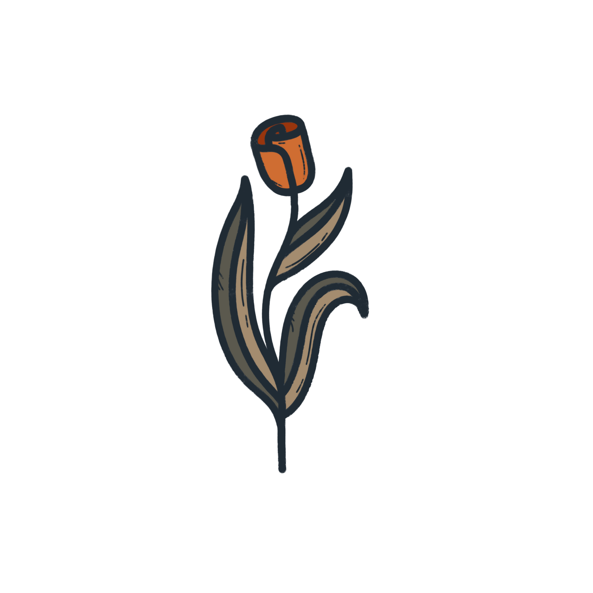 Hand-drawn illustration of a single orange flower with green and brown leaves on a white background.