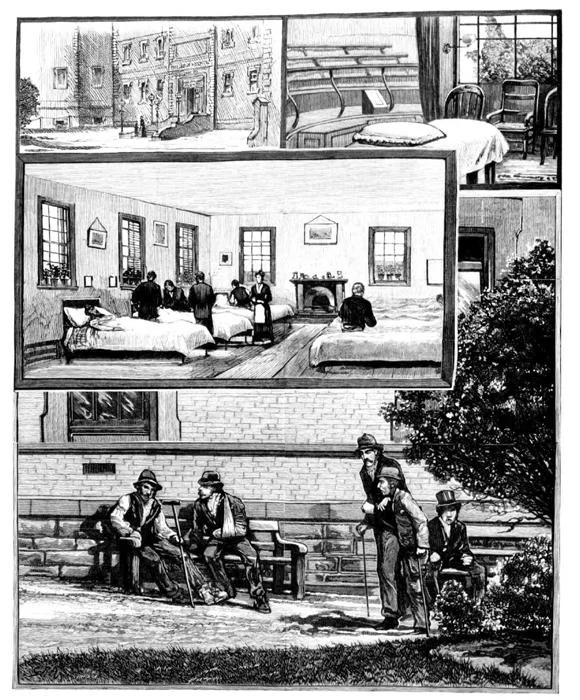 The Australian Sketcher, 29 January 1881 The 'old' Melbourne Hospital, 1881 - the front entrance, the operating room, one of the wards, convalescents in the garden.