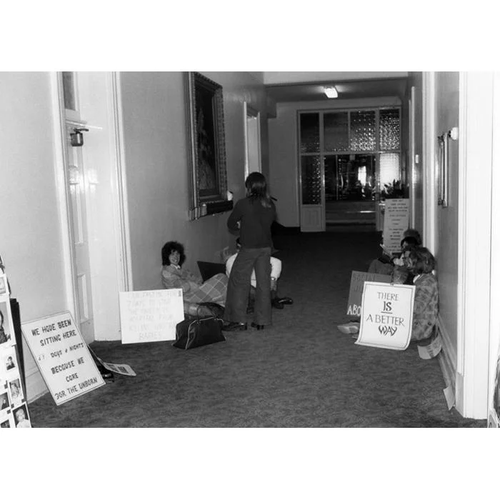 Anti-abortion protesters demonstrated in the foyer of the Queen Vic in Lonsdale Street for several weeks in May 1975.