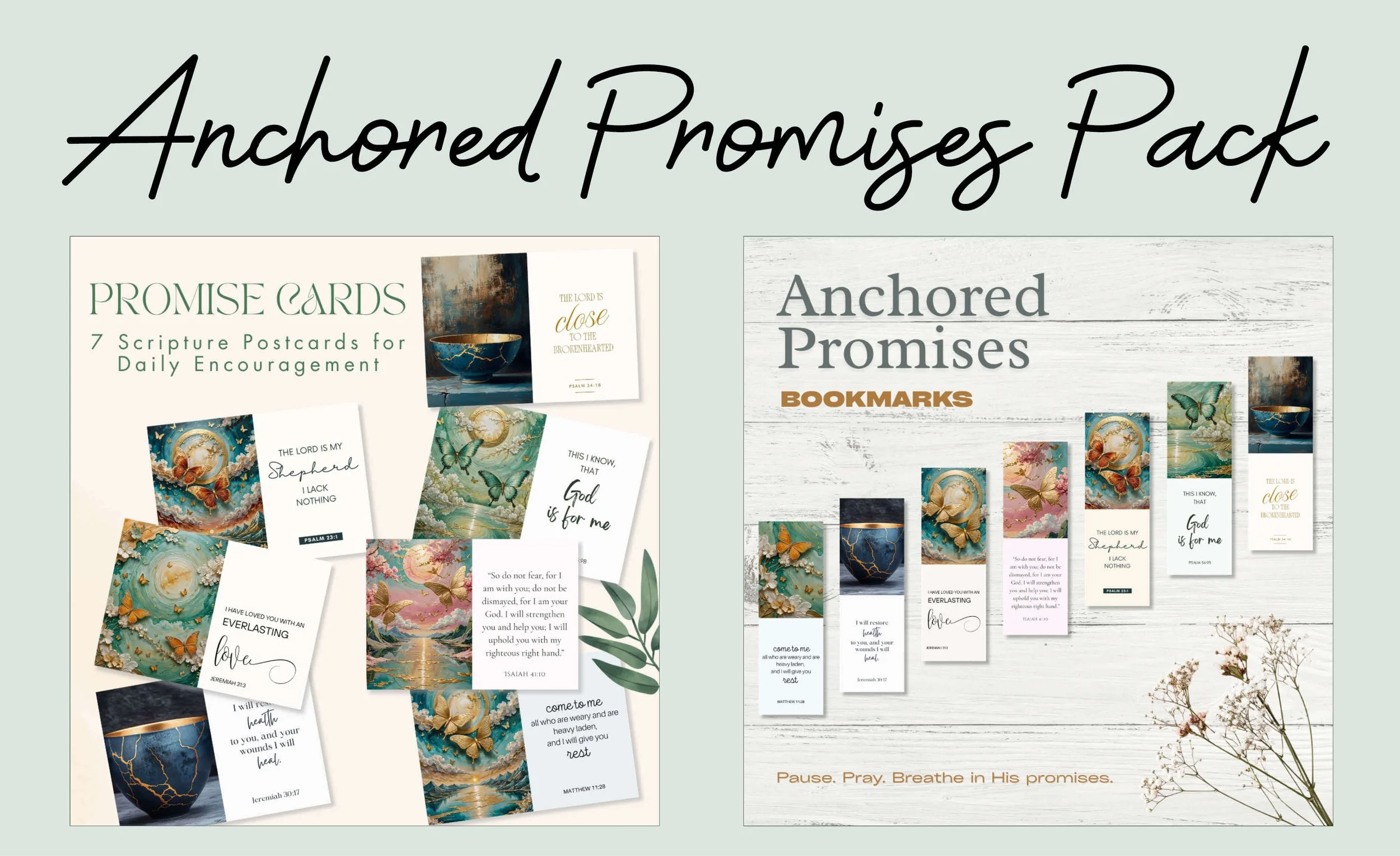 Samples of cards and bookmarks inside the Anchored Promises Pack