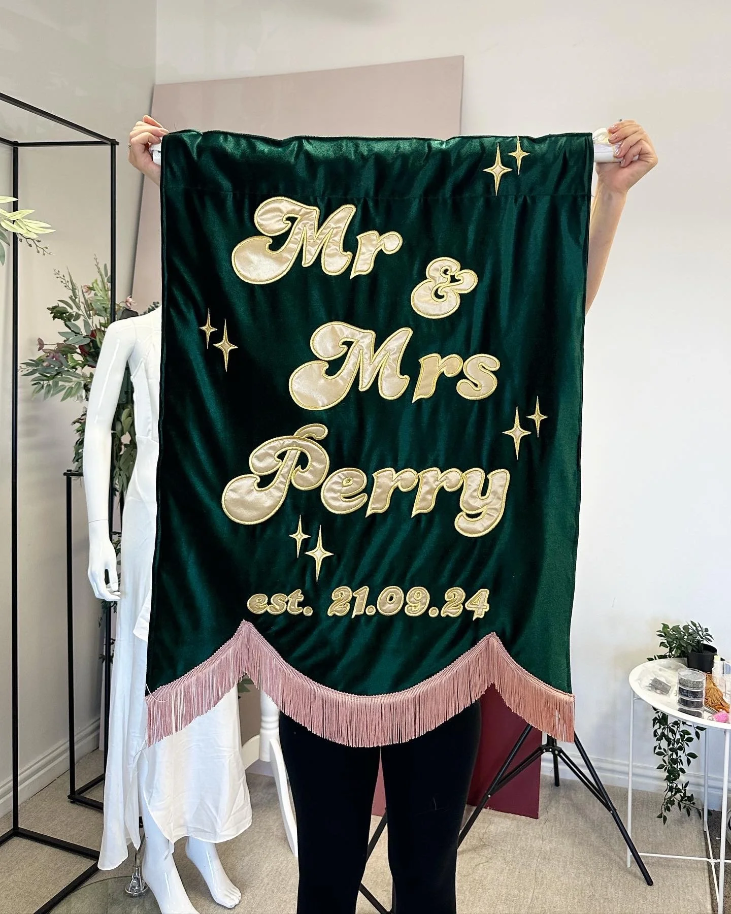 bespoke luxury velvet banner featuring intricate embroidery, customisable with personalised designs, perfect for home décor or special events.