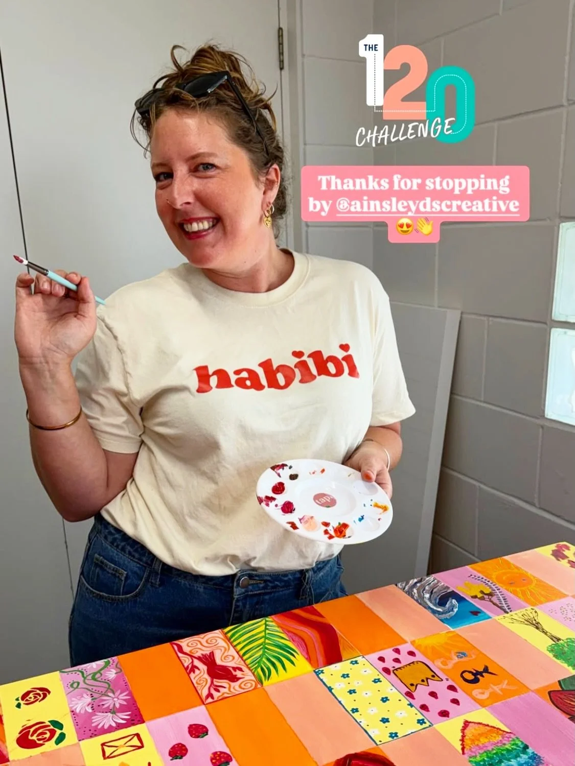 It was so fun popping into the @tap.health offices yesterday to take part in their endo 120 challenge for @endometriosisnewzealand 🩷  Tap have such an clever and meaningful fundraising project painting 120 tiles on a canvas by and for people with en