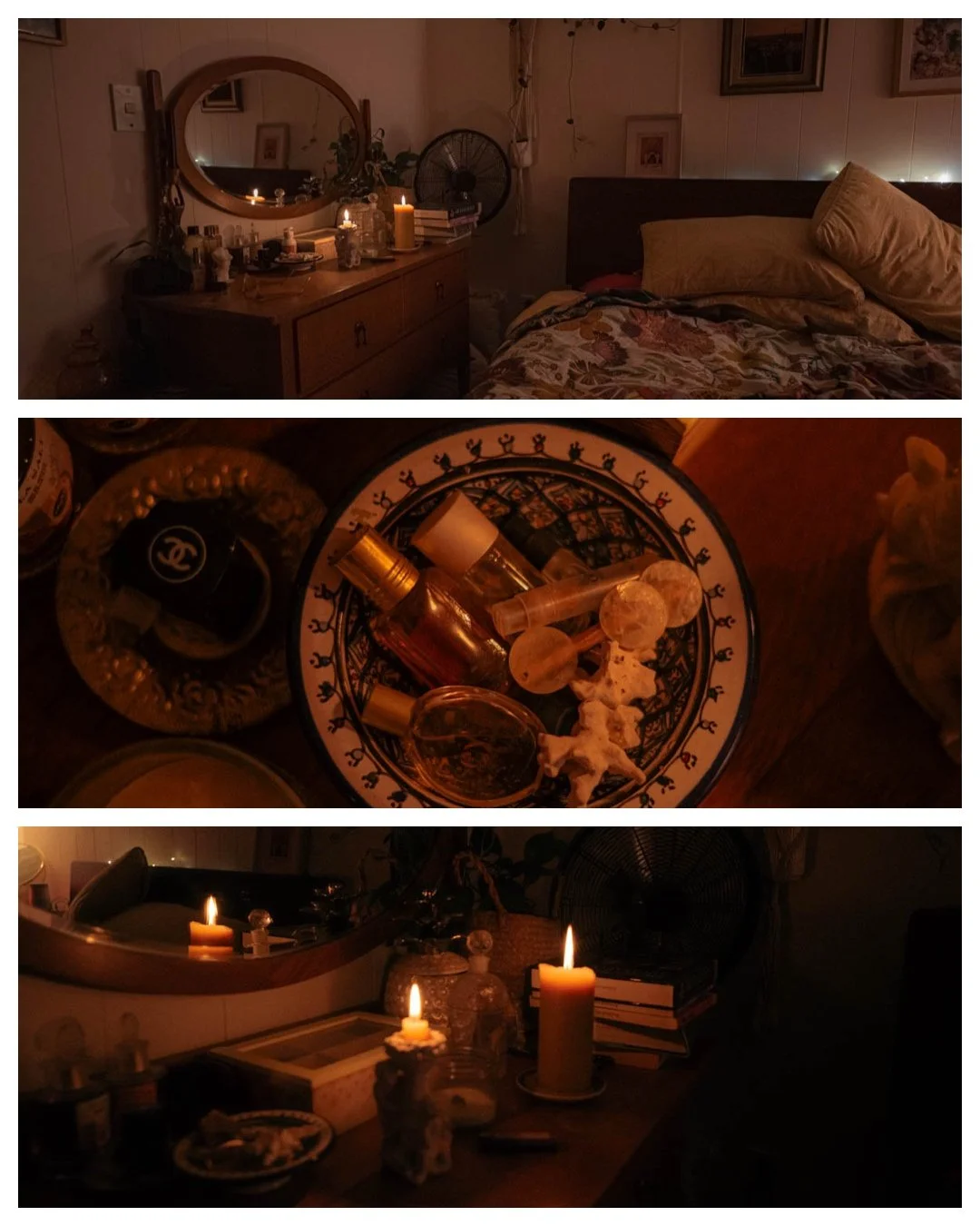 Styled bedside table with candles, books, and flowers, small creative home upgrade