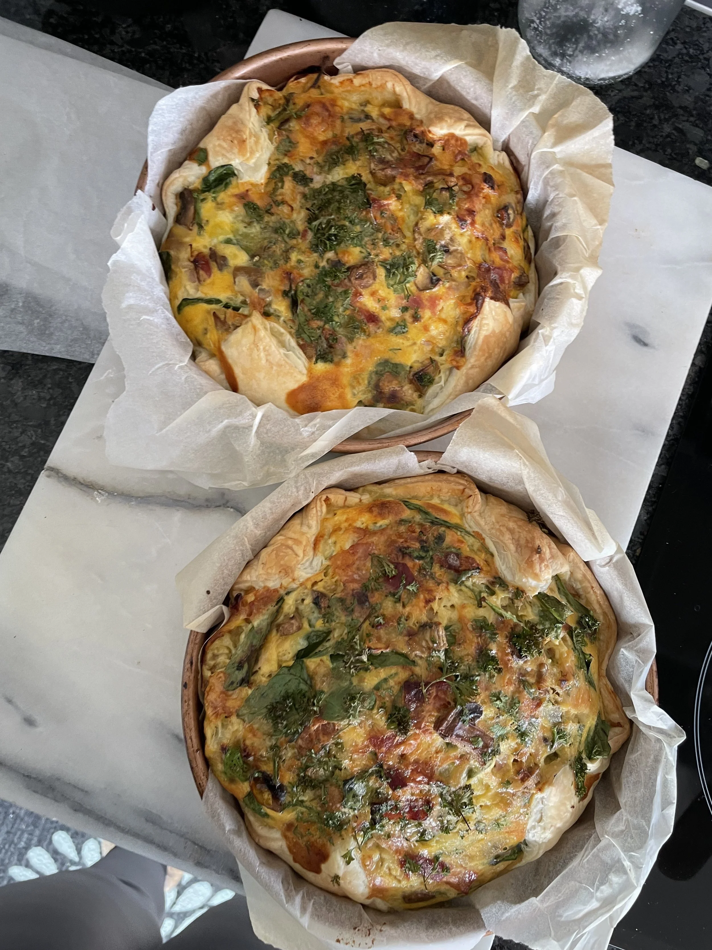 Freshly baked cookies or banana bread, quiche, simple creative cooking activity