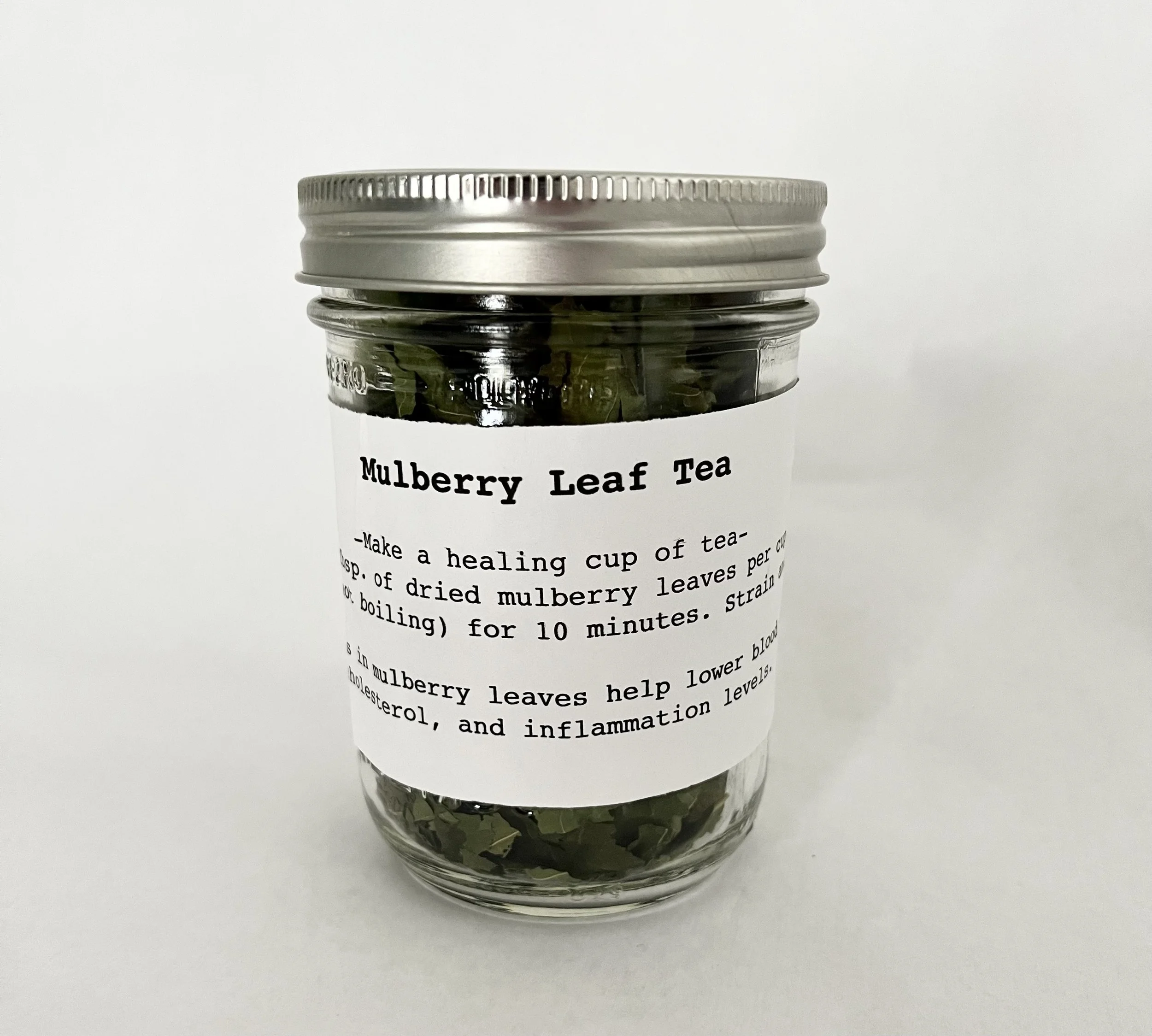 Wild Foraged Mulberry Leaf Tea in a reusable glass jar