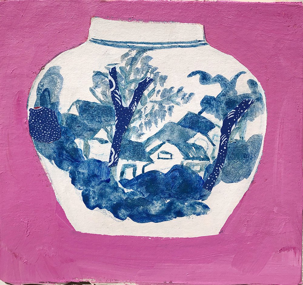 Canton Ginger Jar with Houses and Trees on Pink Panel sold