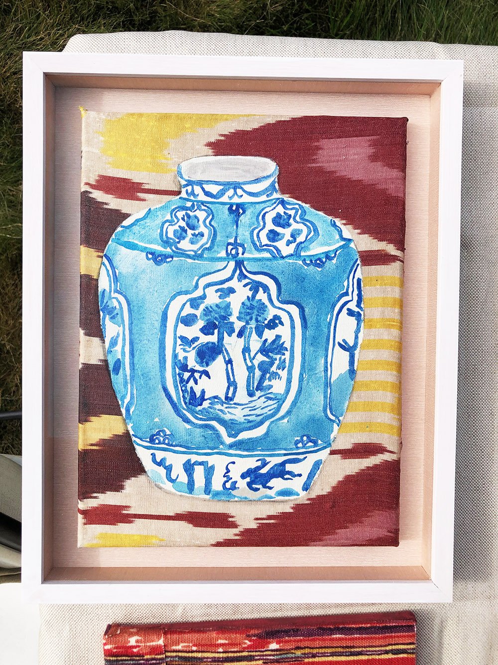 Kangxi Jar on Silk Ikat  Framed 