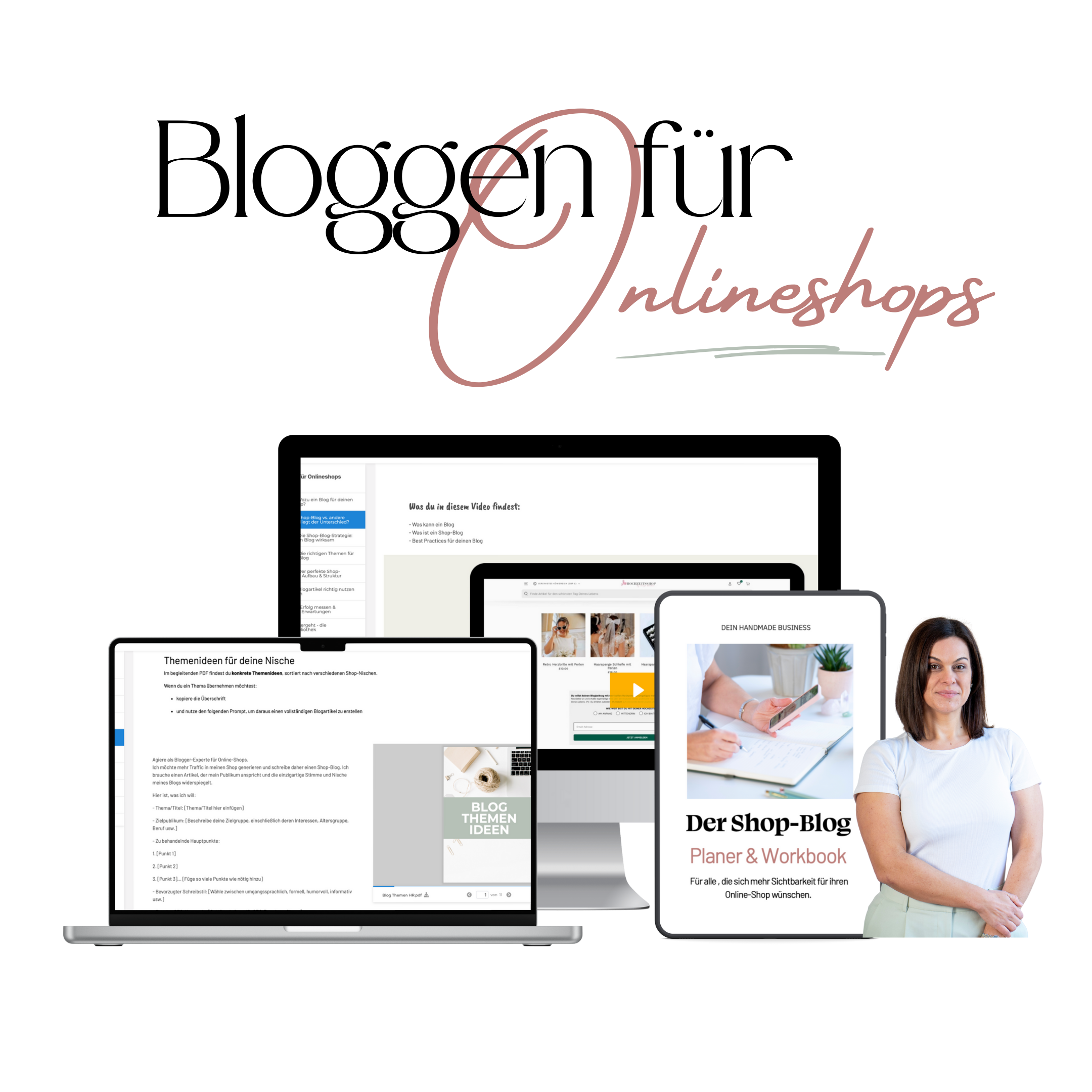 Computer- und Tablet-Bildschirm mit Online-Shop-Blog, Frau mit Notizbuch und Smartphone, Werbung für Shop-Blog-Planer und Workbook, digitaler Arbeitsplatz.