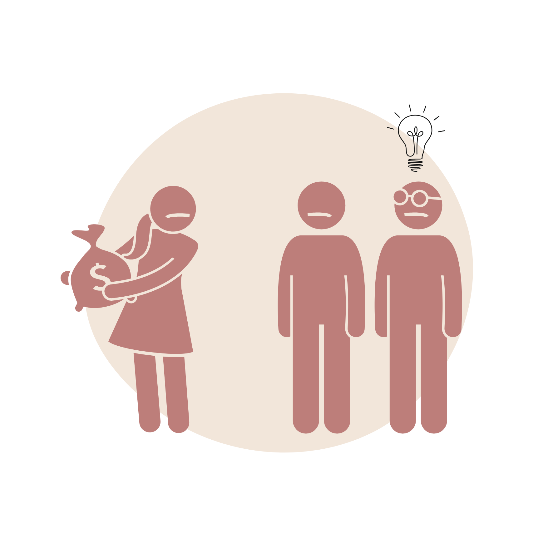 Eine Illustration zeigt eine Frau, die eine Geldtasche hält, und zwei Männer, die gegenüberstehen, einer mit Brille und einem Glühbirnen-Symbol über seinem Kopf. Das Bild symbolisiert finanzielle Probleme oder Ungleichheit.