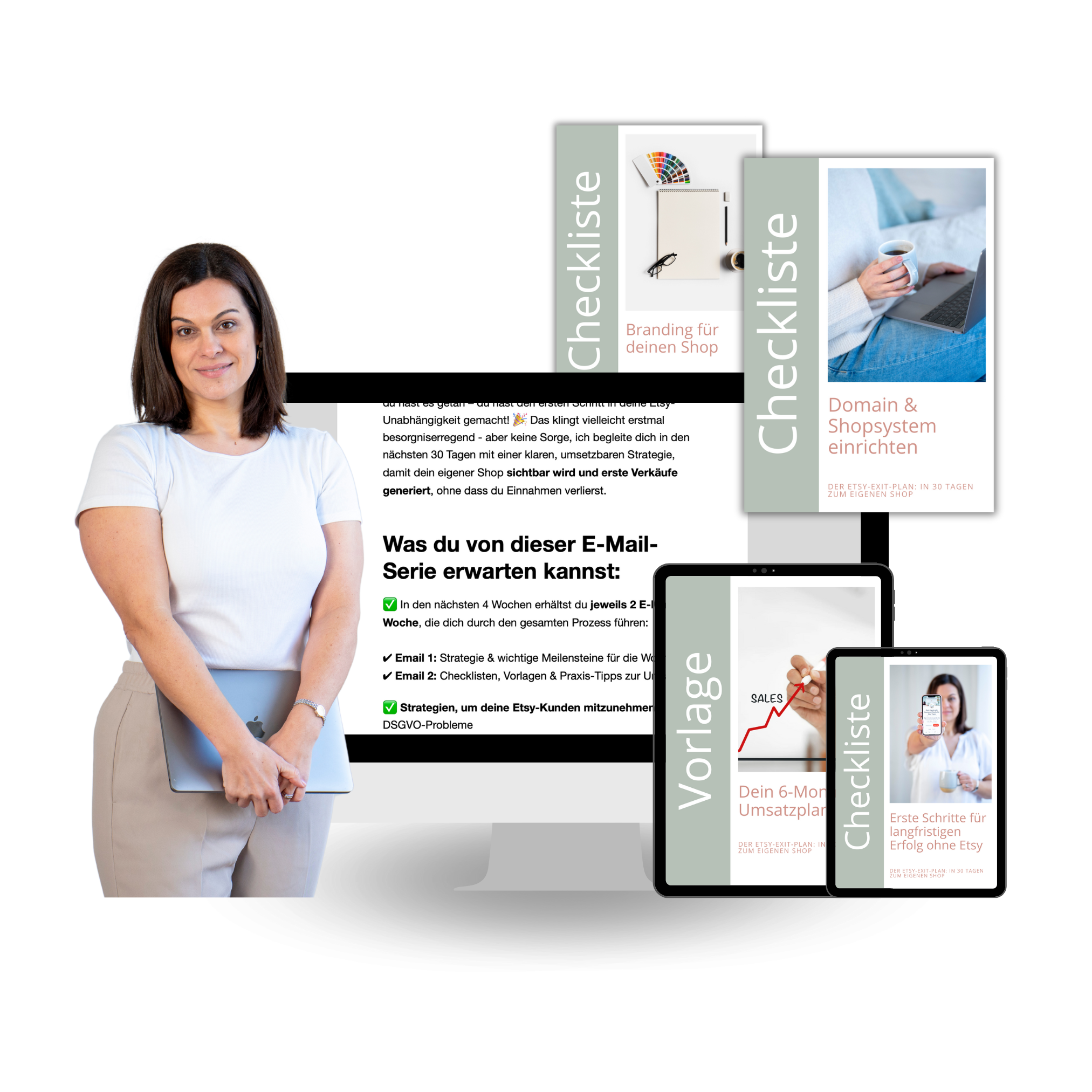 Eine Frau mit dunklen Haaren, weißem T-Shirt und Beige-Hosen steht vor einem Computerbildschirm. Der Bildschirm zeigt eine E-Mail-Serie mit Informationen zum Verkauf, darunter Punkte wie Strategien, Checklisten und Praxis-Tipps. Im Hintergrund sind mehrere digitale E-Book-Layouts mit Titeln wie 'Checklist', 'Vorgabe' und 'Dein 6-Monats-Umsatzplan', welche sich auf den Aufbau eines Etsy-Shops und Geschäftsstrategien beziehen.