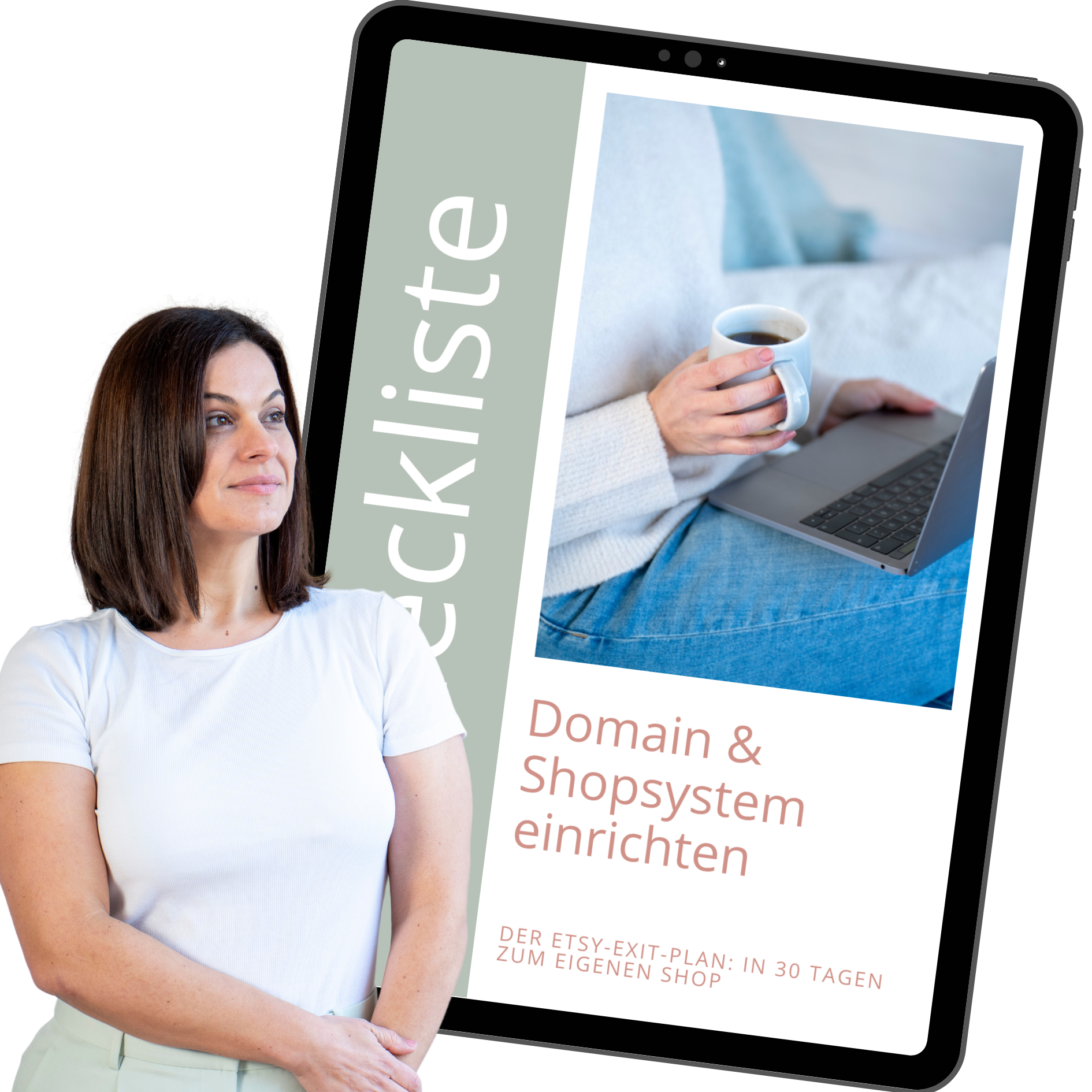 Eine Frau steht vor einem weißen Hintergrund, neben einem großem digitalen Display, das eine Webseite für das Einrichten eines Domain- und Shopsystems zeigt.