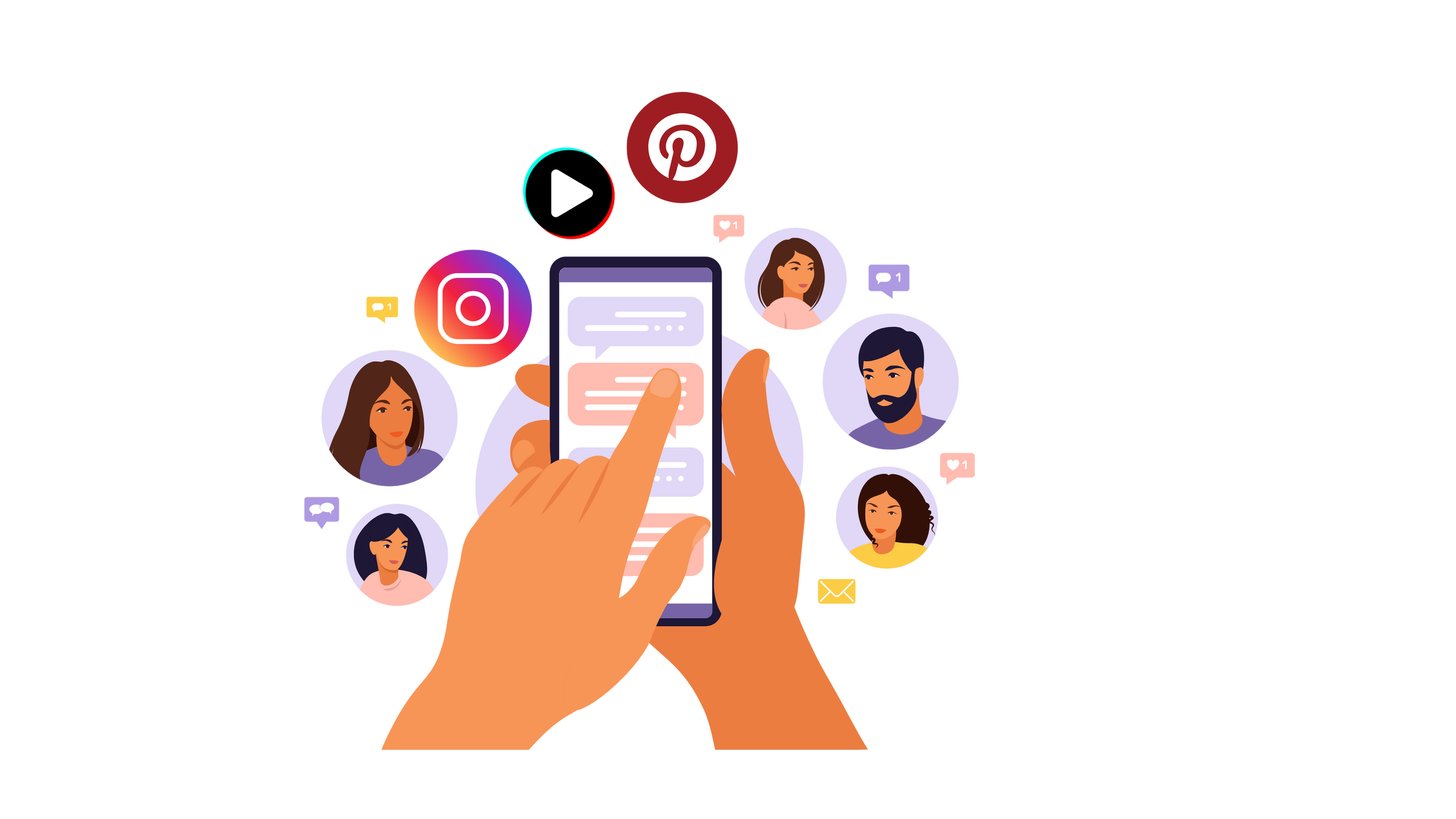 Illustration einer Hand, die auf ein Smartphone mit einer Chat-App tippt, umgeben von Profilbildern von Personen und Symbolen sozialer Medien wie Instagram, Pinterest, YouTube und E-Mail, die soziale Interaktion und Kommunikation repräsentieren.