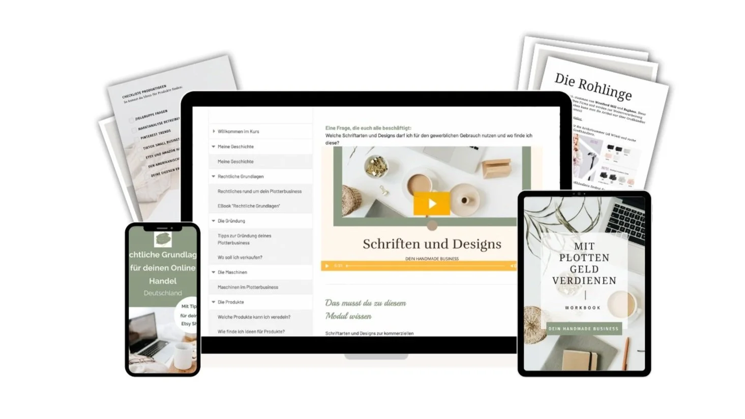 Digitale Lernplattform auf Laptop, Tablet und Smartphone, umgeben von Unterlagen und einem Buch 'Mit Plotten Geld verdienen'. Fokus auf Schriften und Designs.