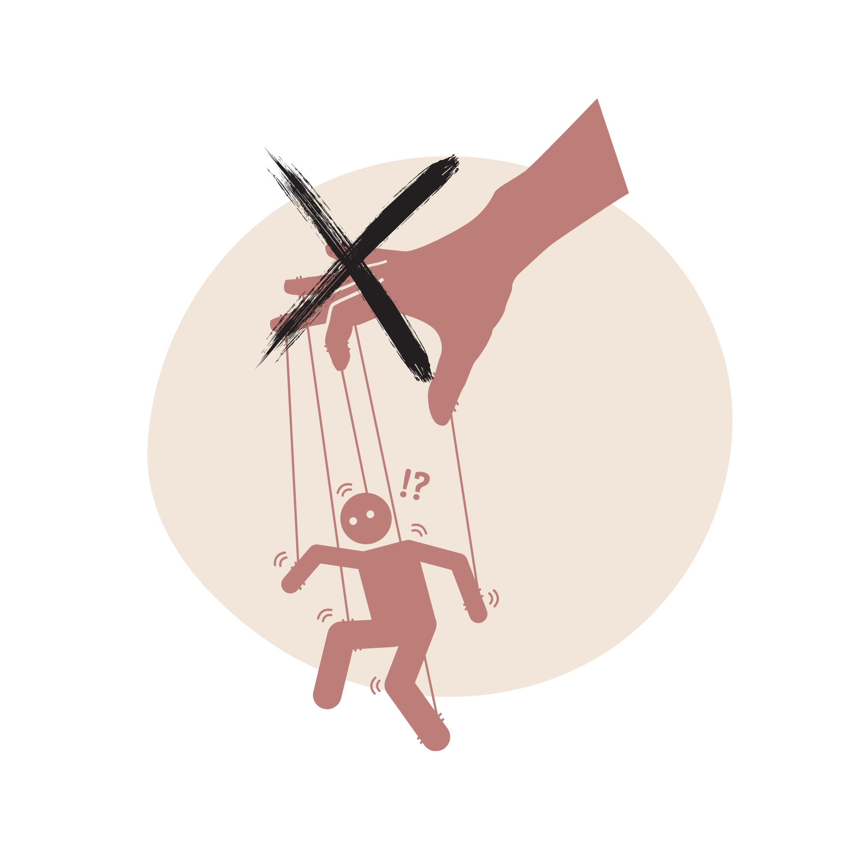 Illustration eines Puppenspiels, bei dem eine Hand eine Marionette steuert, mit einem großen X darüber, das auf die Kontrolle hinweist.