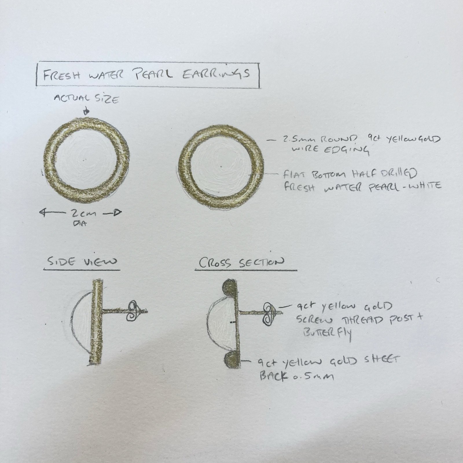 Design work for a pair of pearl &amp; 18ct yellow gold earrings