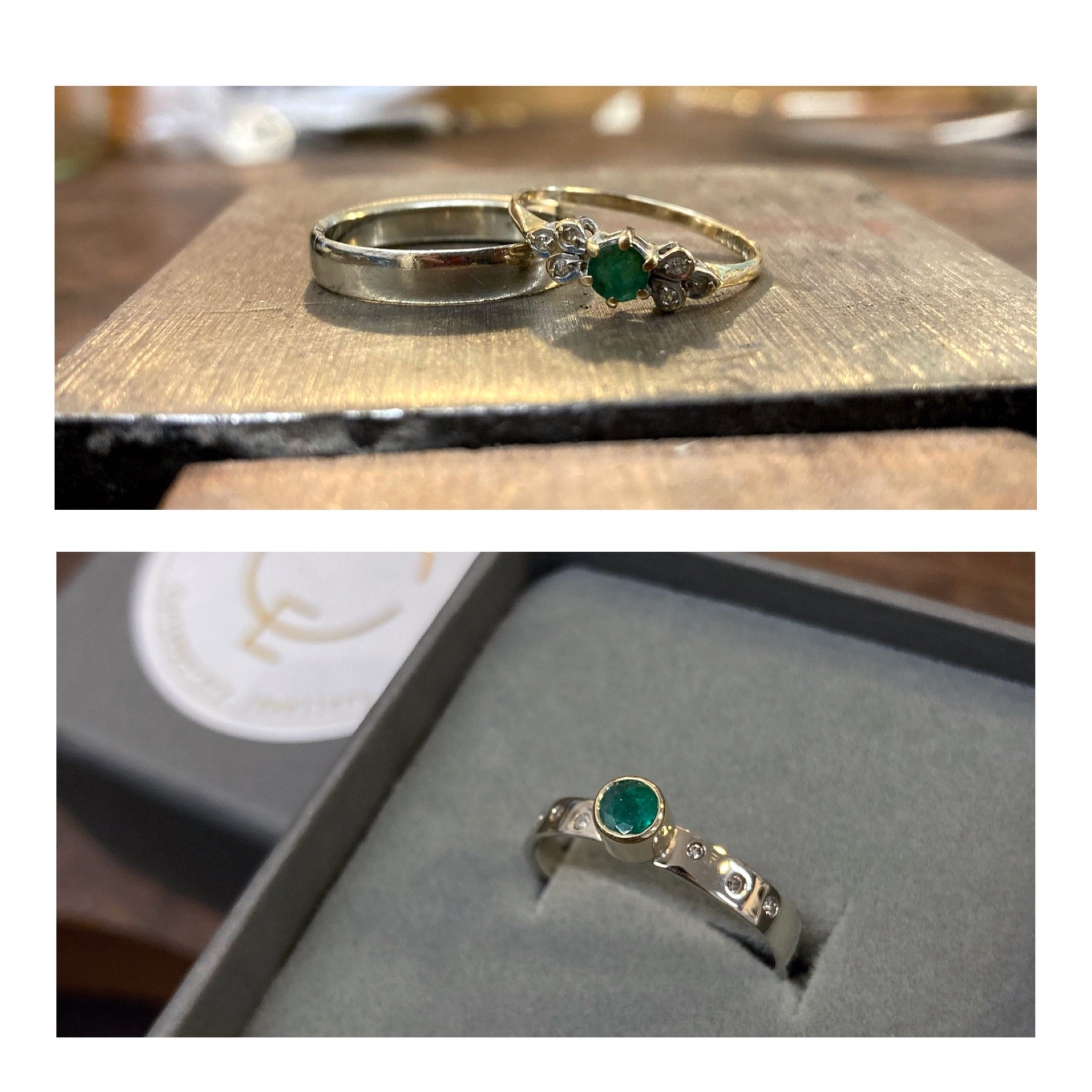 Re-Model of two heirloom rings into one. Emerald, diamonds 18ct white gold &amp; 9ct yellow gold.