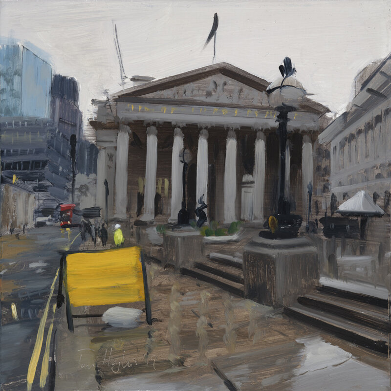 The Royal Exchange in rain with road sign