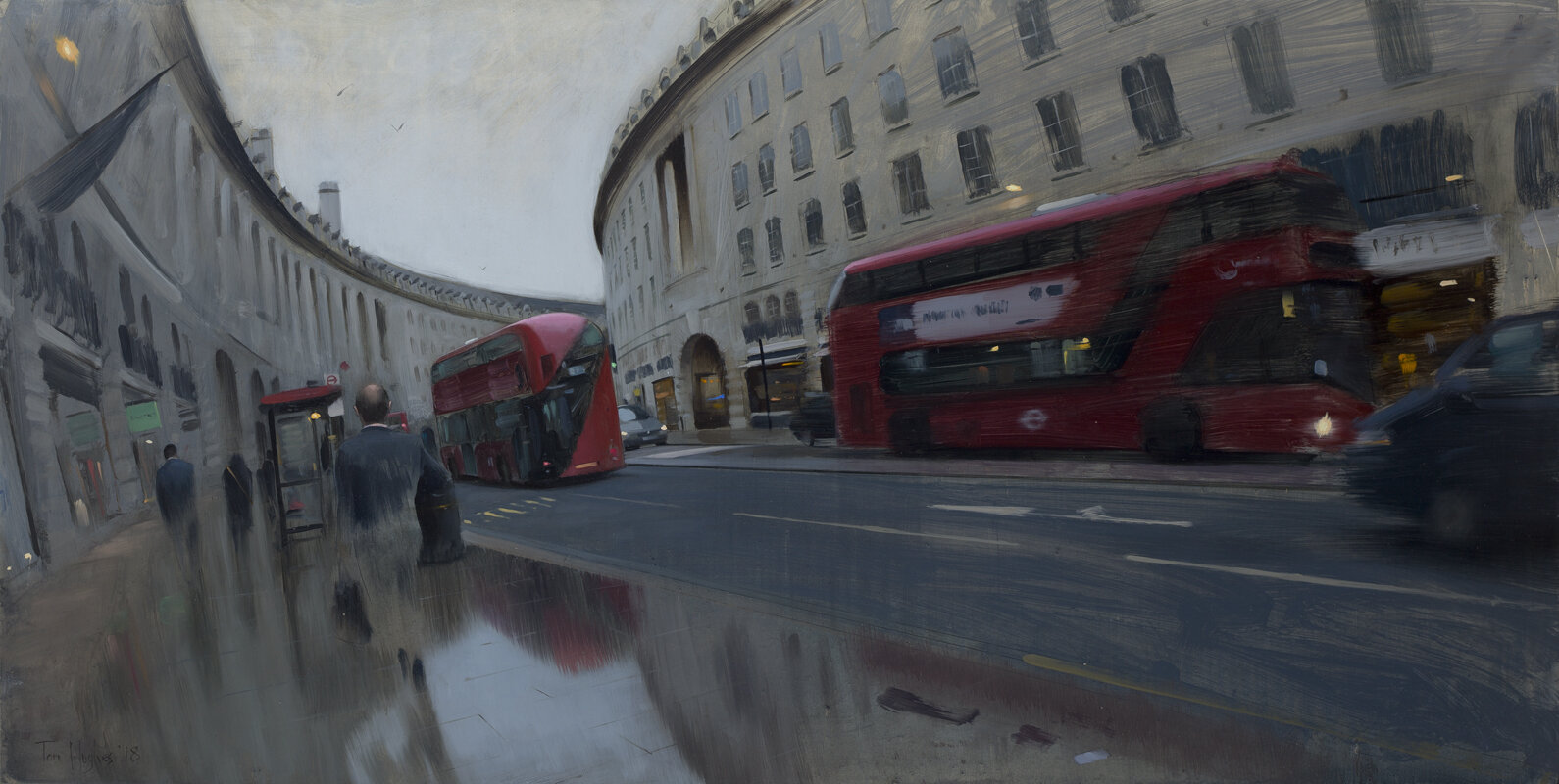 Regent street curve in rain with buses
