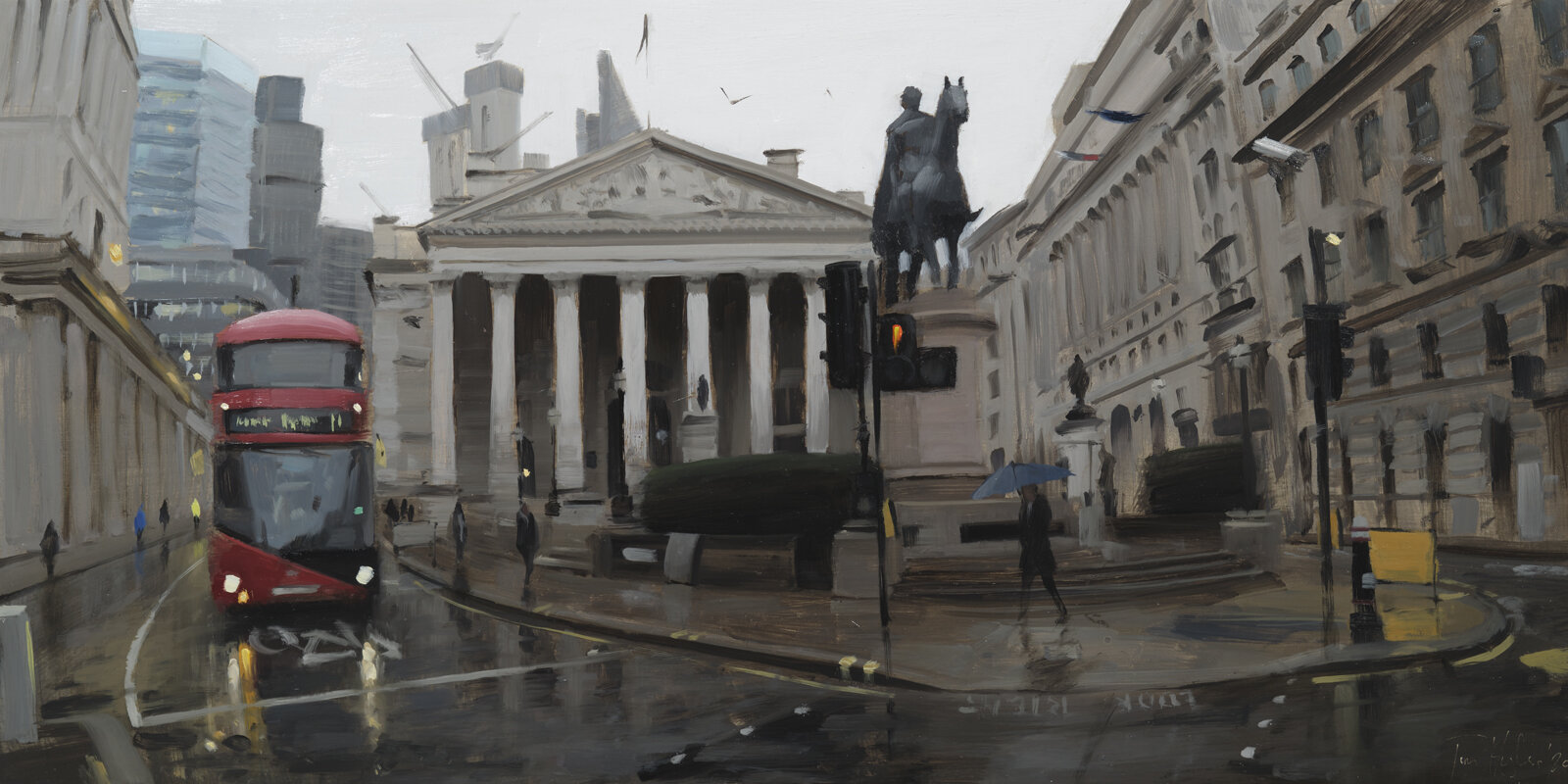 Royal Exchange with bus in rain