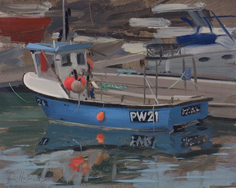 Blue boat with red flag, Padstow, January - 25 x 20cm 10 x 8” - Oil on board
