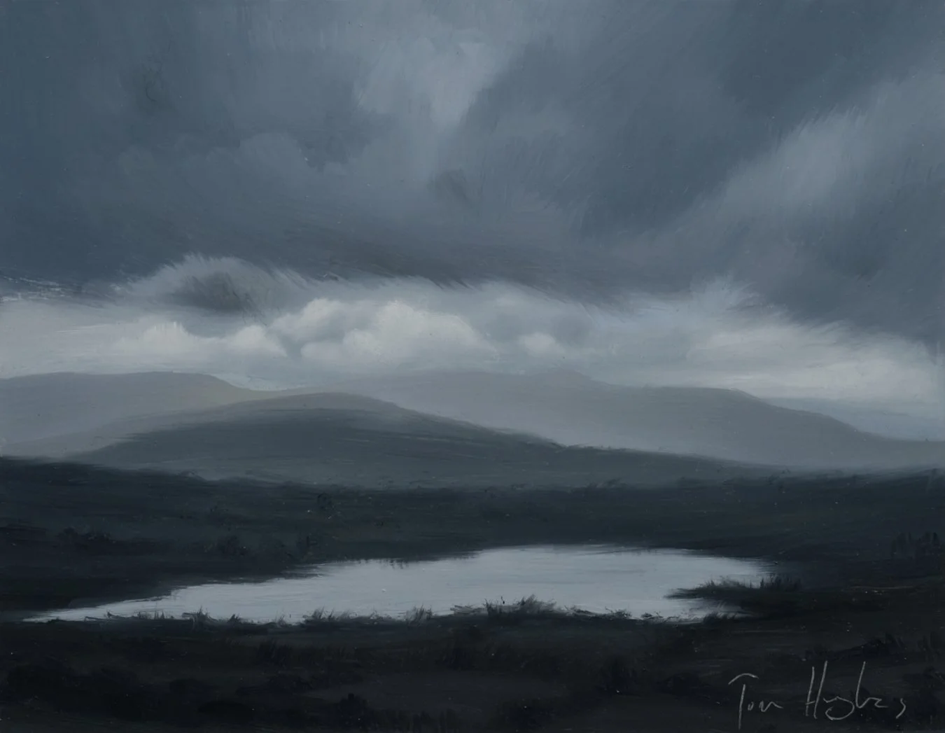Storm over the beacons, Llangorse lake - 23 x 18 cm 9 x 7 - Oil on 2.5mm board - AVAILABLE