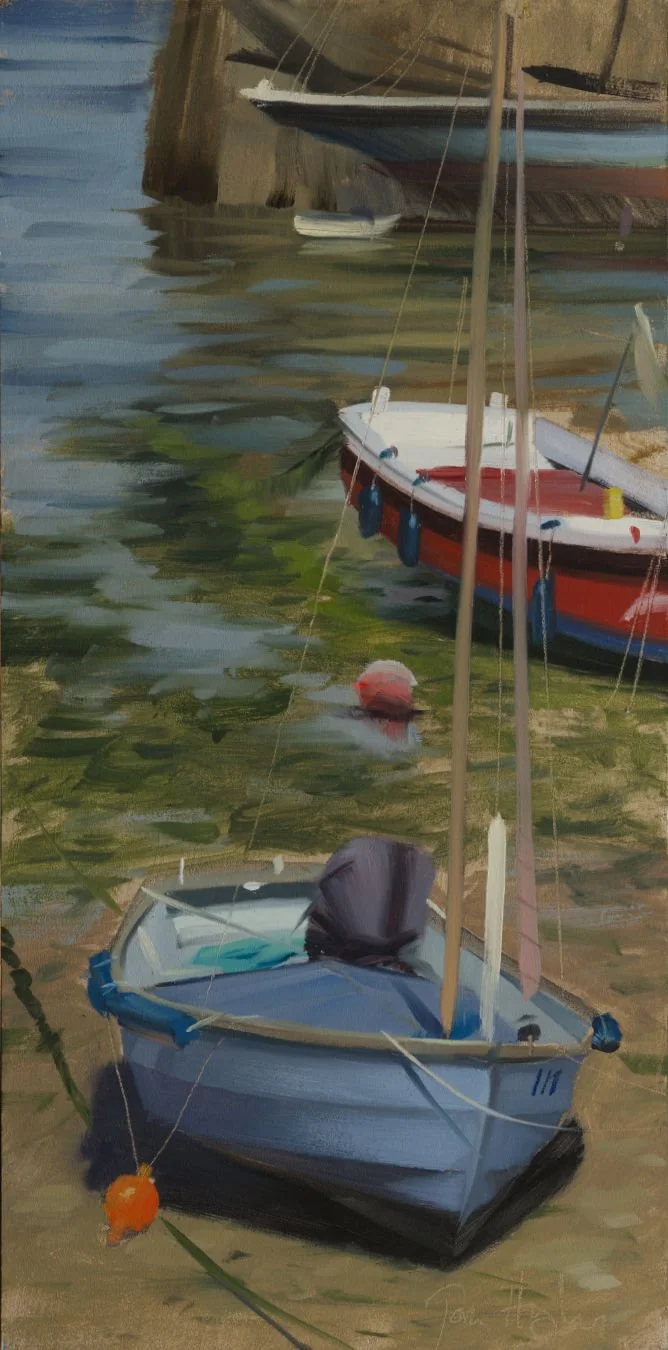 Blue and red boats, low tide, Mousehole - 12 x 6"   30 x 15cm - Oil on Board