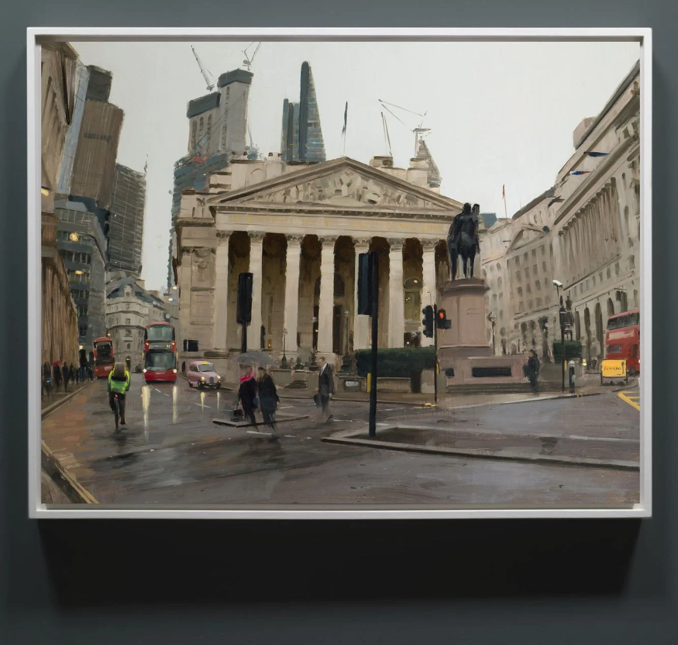 The Royal Exchange with cyclist in rain