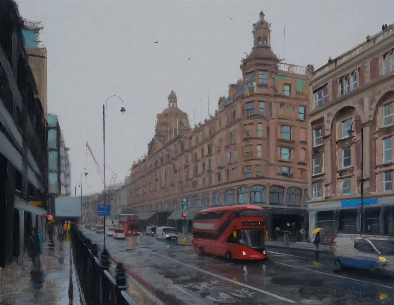 Harrod's in rain, grey day - 45 x 35 cm 18 x 14” - Oil on 6mm board - AVAILABLE