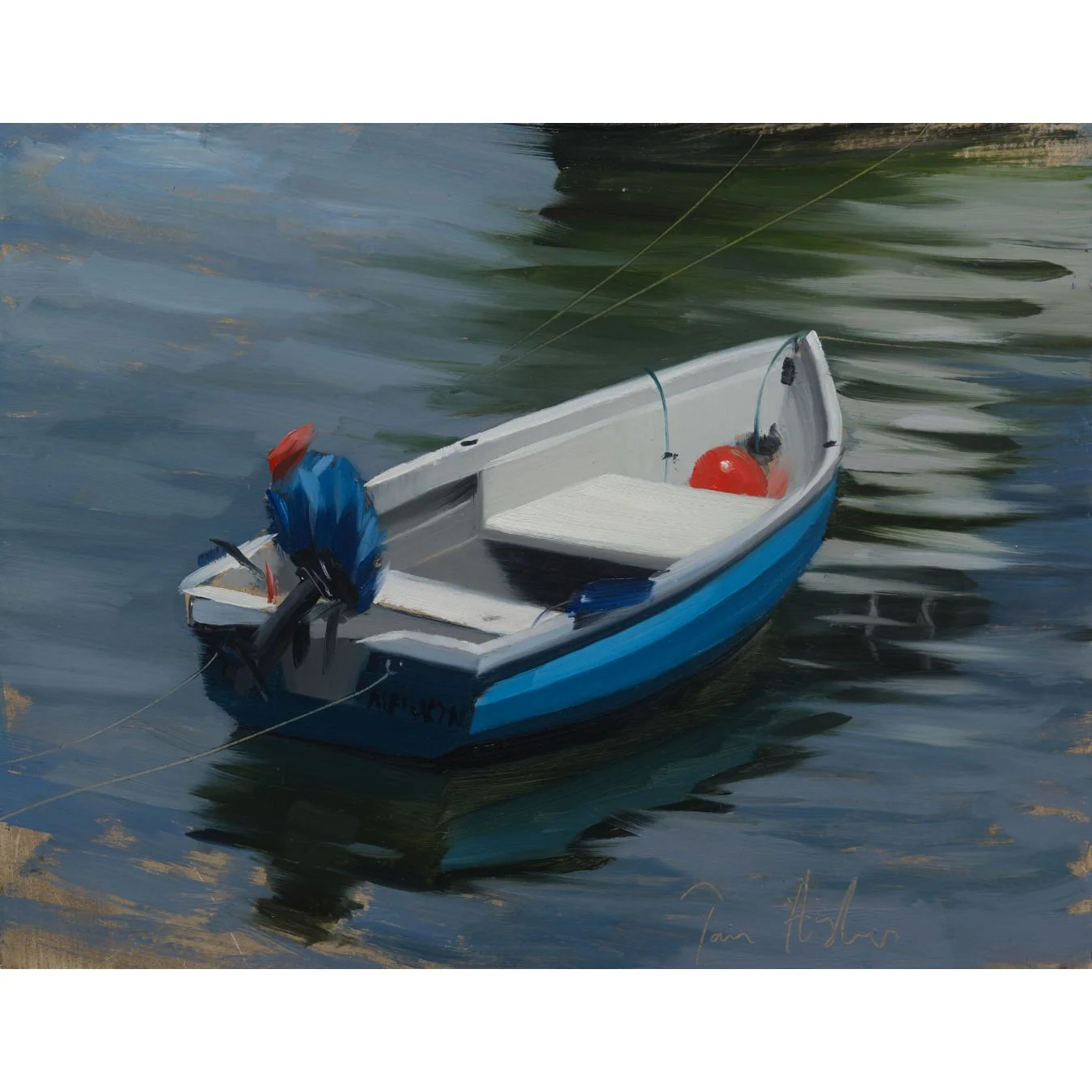 Blue and white boat, Mousehole, July.jpg