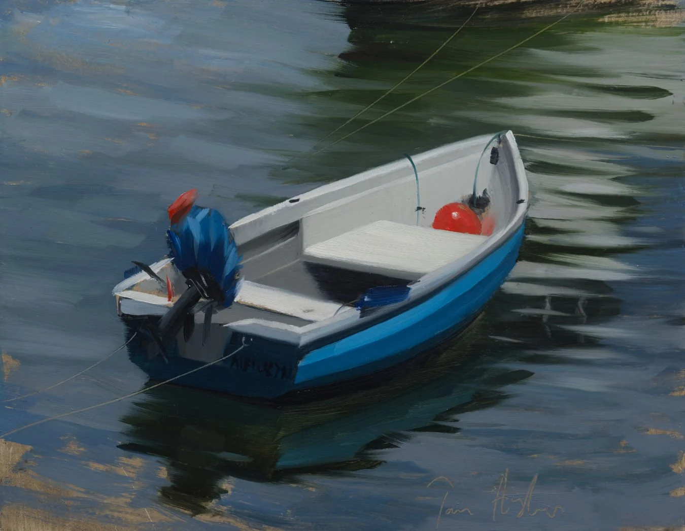 Blue and white boat, Mousehole, July - 18 x 23 cm 7 x 9" - Oil on board