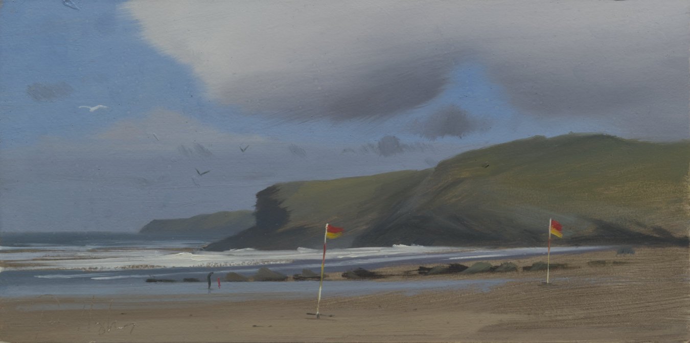 Watergate Bay with flags, April - 15 x 30 cm 6 x 12" - Oil on Board - AVAILABLE
