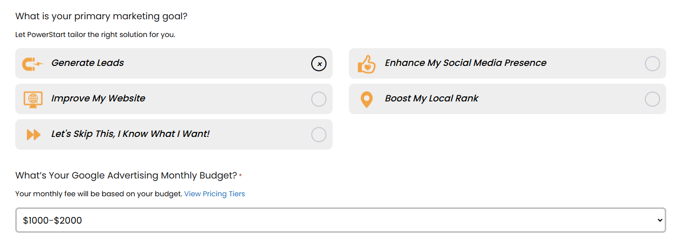 Each radio button get's its own drop-downs and custom form fills: