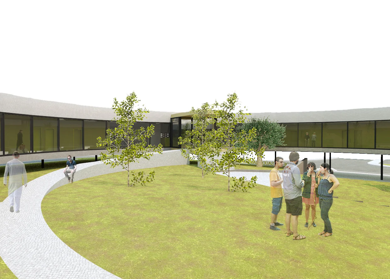 2.1 The solution proposes a clear and decisive gesture in the relation between the volume and the plot, in order to control the dynamics between the building program and the territory scale thru a contemporary abstract form. The terrain suffers minimum changes and the building adapts itself to it. The public space is naturally brought to the middle of the plot until it reaches the building entrance, keeping most of the exterior area public. The circular volume is self-referential and placed as an urban reference, this condition is reinforced by the continuous brick facade.