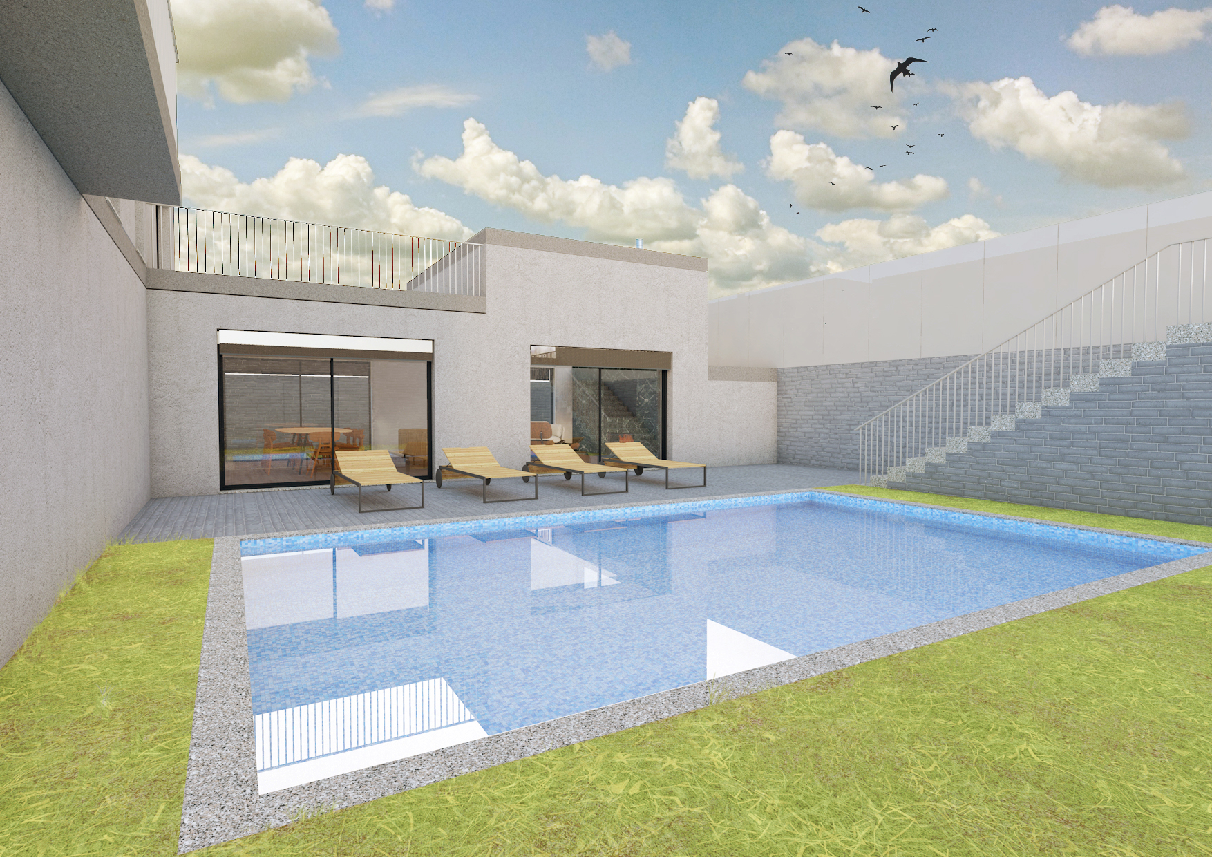 In the first floor there are two bedrooms with a shared balcony, and a bedroom with private terrace, all facing south to the swimming pool garden.