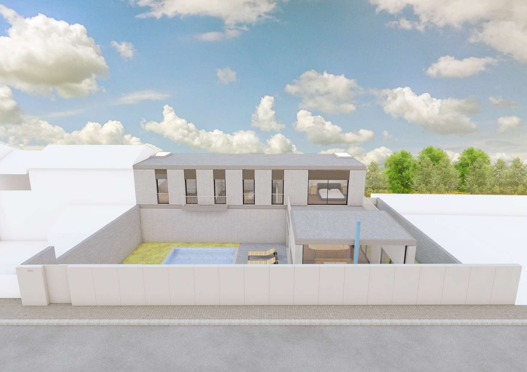 In order to solve these problems we propose a volume in continuity with the neighbour construction, consolidating the urban front and displaying the house for maximum solar exposure. The north street, with local traffic and easy access, makes the access to the garage easier and on the south side where the main road is, we have the main entrance to the plot thru the exterior area.