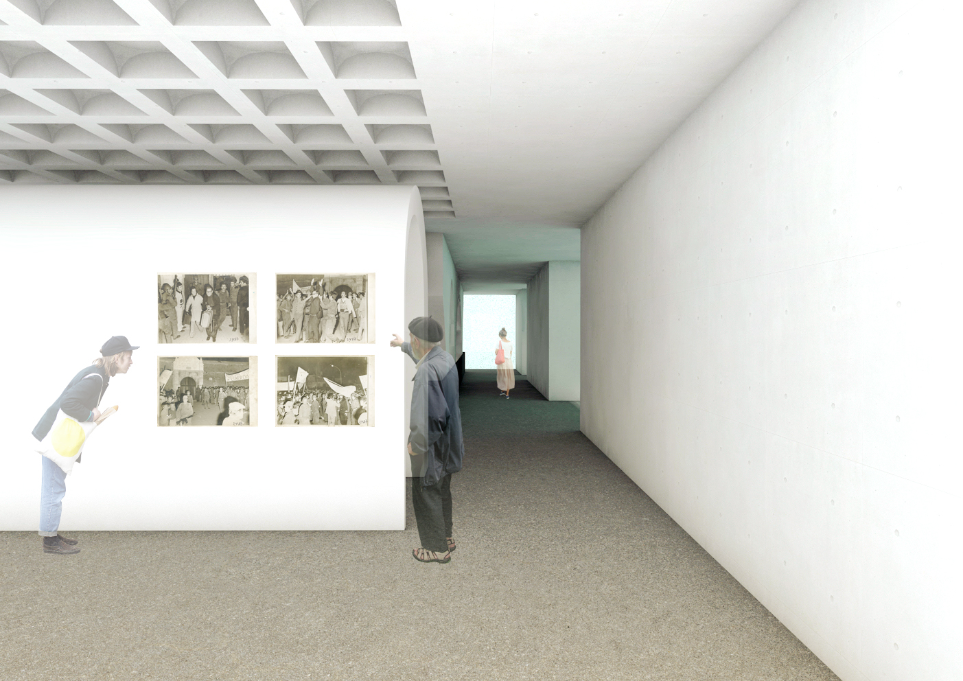 2 – The careful analysis of the program, in order to define organization and maintenance strategies. The proposal is a clear gesture in the relation between the new program and the several existing buildings, thru the introduction of a new abstract volume, with simple geometries to store the permanent and temporary exhibition spaces. This volume provides the connections between the blocks B, C, F, cistern and pillboxes, where are located several permanent exhibition spaces. The new block, designed as “L” symbolizes Liberty thru its transparency.