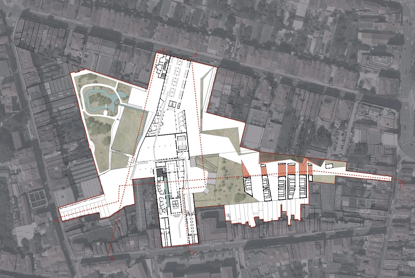 In this particular case we take advantage of the existing buildings of the old Aurifícia factory and turned them from a dividing element on the site into the place that connects all the block. This is achieved by placing on the old buildings most of the new proposed spaces, and by the intersection of the new pathways that cross the block. This will allow to transform the abandoned interior of the block into a new urban structure integrated with the rest of the city.