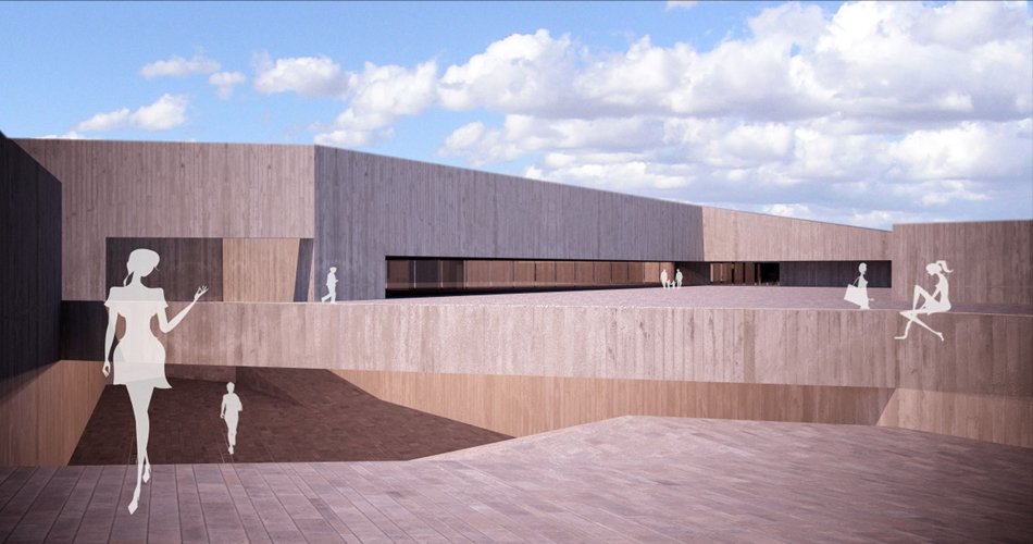 The solution is to use the existing site division in two plots. In the smaller plot is built a new building in U shape, which creates a new square for the city and the museum. In this building there is a space for temporary exhibitions and public areas.