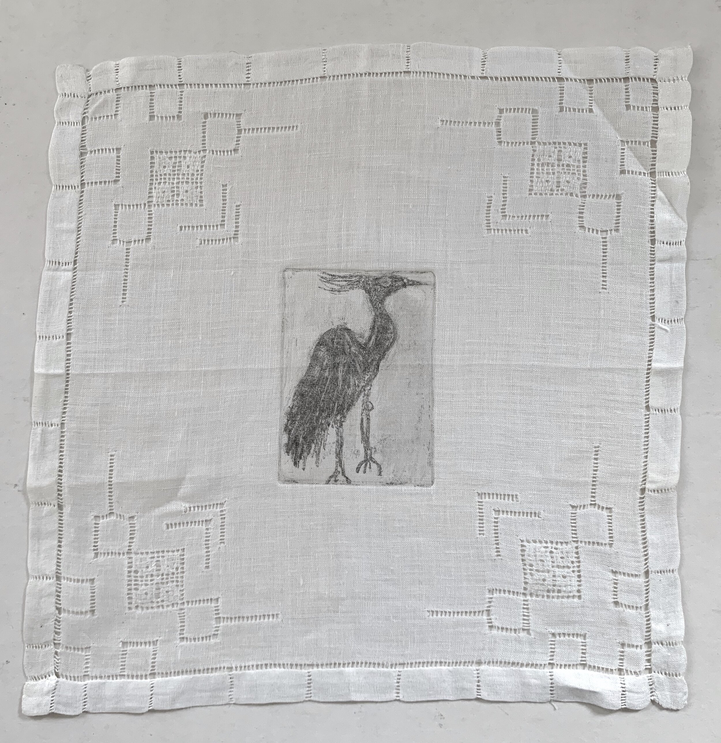 Heron on Antique Handkerchief