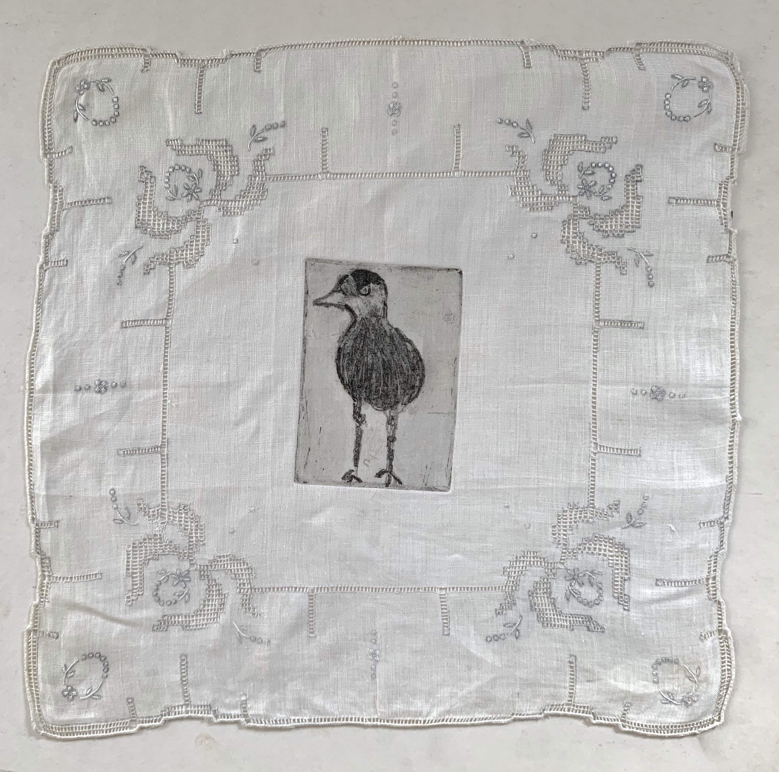 Standing Bird on Antique Handkerchief