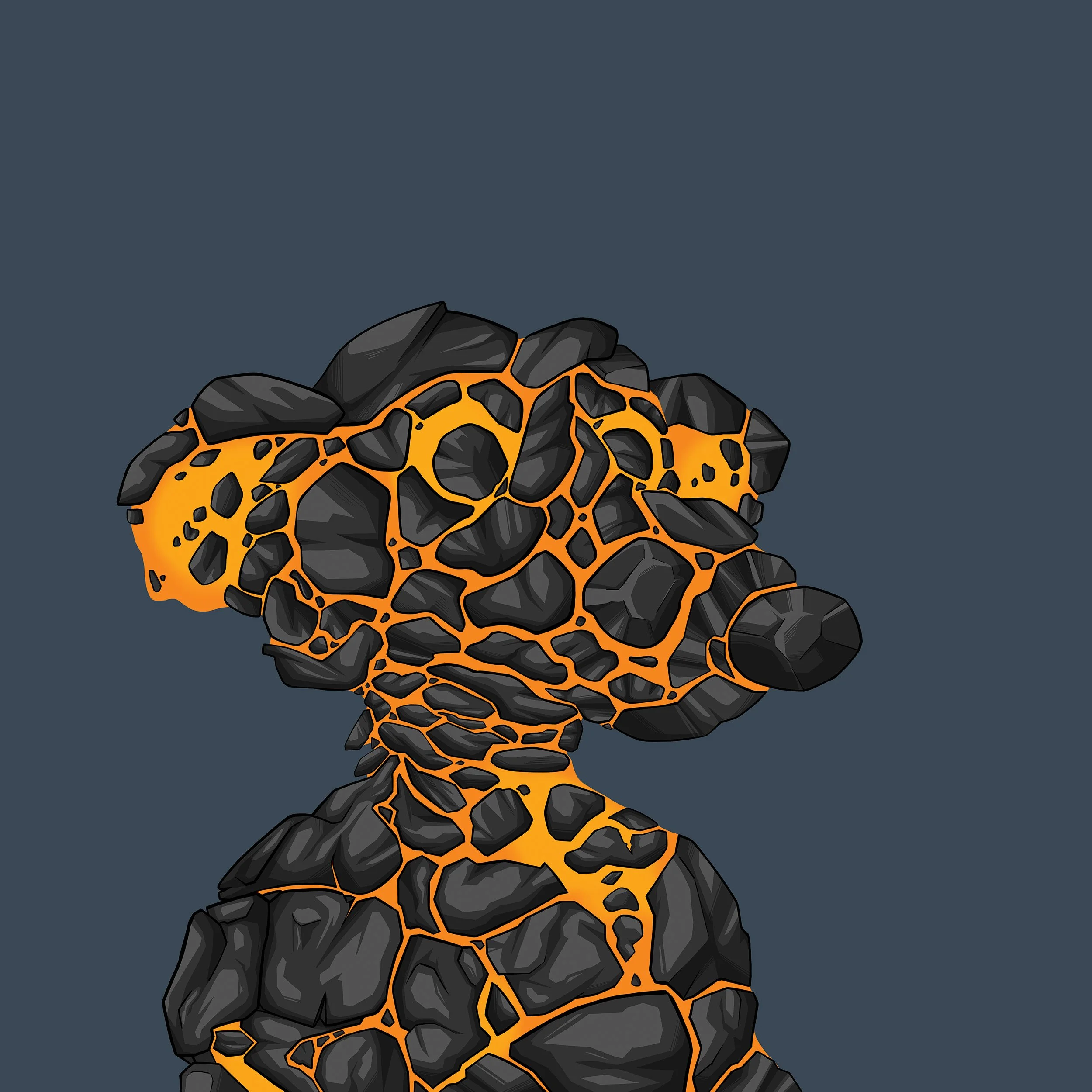 Abstract illustration of a cartoon character with a rock and lava texture.