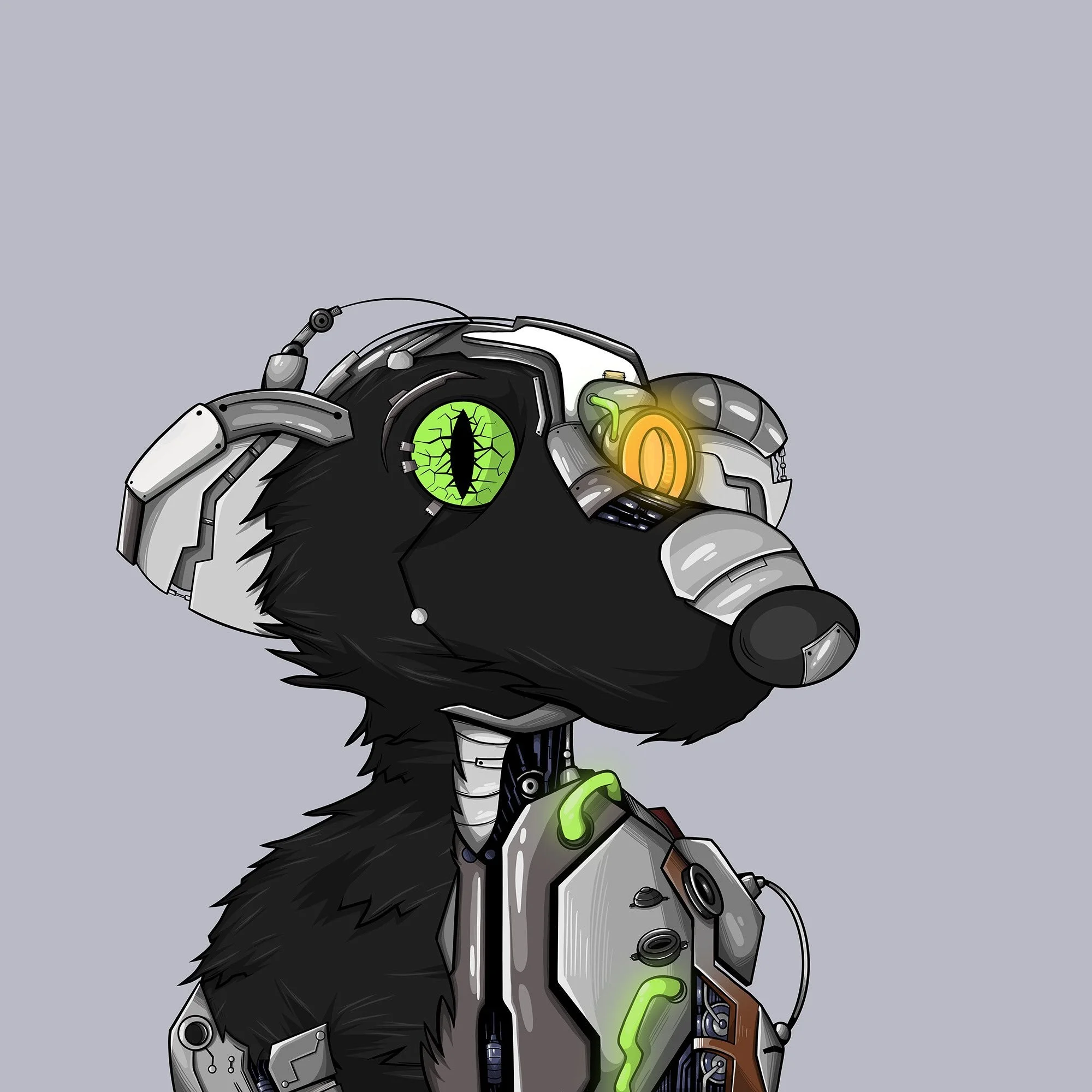 Anthropomorphic rat with cybernetic enhancements, green eye, and robotic armor