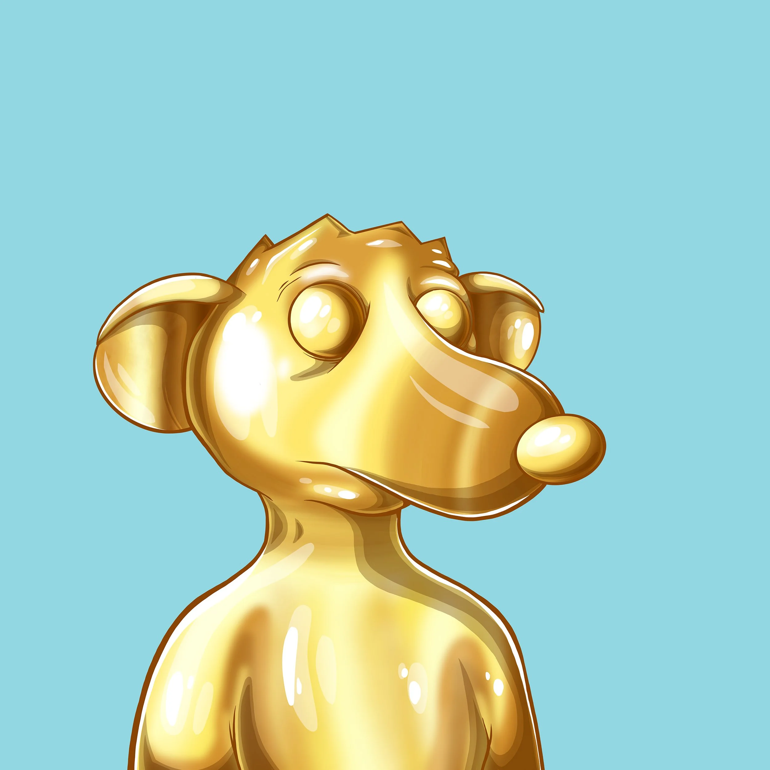 Golden cartoon character figurine on light blue background