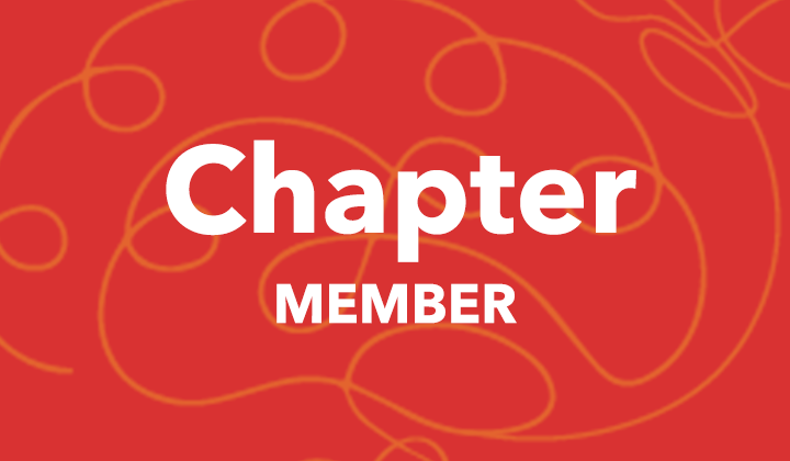 Red background with gold swirling lines and white text that reads 'Chapter MEMBER'.