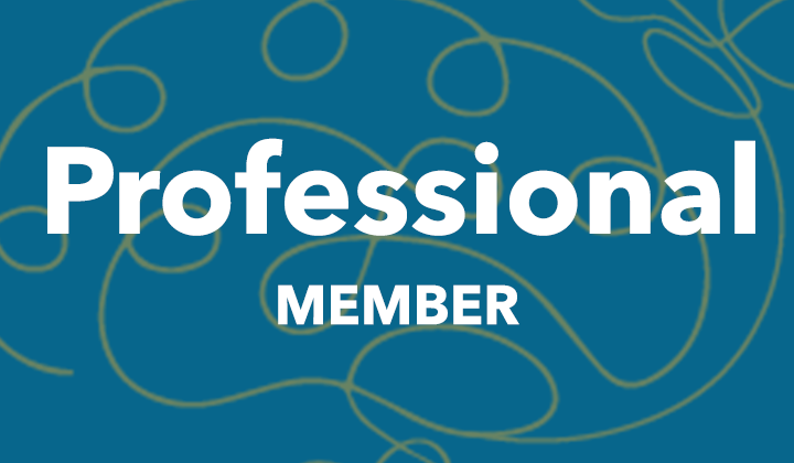 Graphic with the words "Professional Member" on a decorative blue background with gold swirl lines.