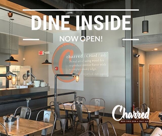 Our inside dining room is officially halfway open! Just like our patio, there are no reservations required and seating is first come first served. We&rsquo;re open today and tomorrow from 11-9pm. 
Order takeout and delivery by visiting www.charred.re