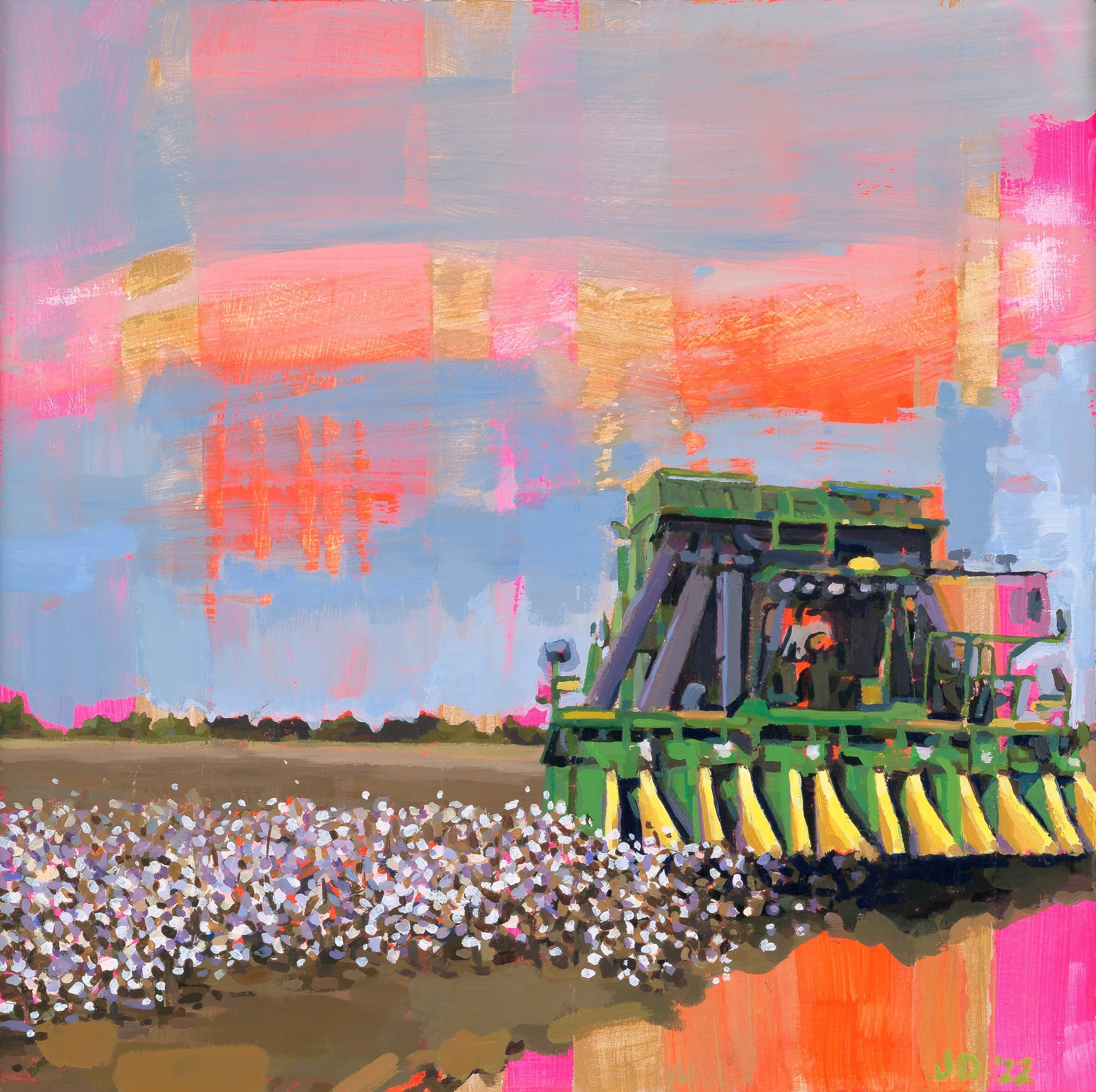 “More Than an Asset” limited-edition fine art print by Jennifer Drinkwater – John Deere cotton picker in a vibrant Mississippi Delta cotton field, inspired by family farm stories in Rolling Fork, MS.