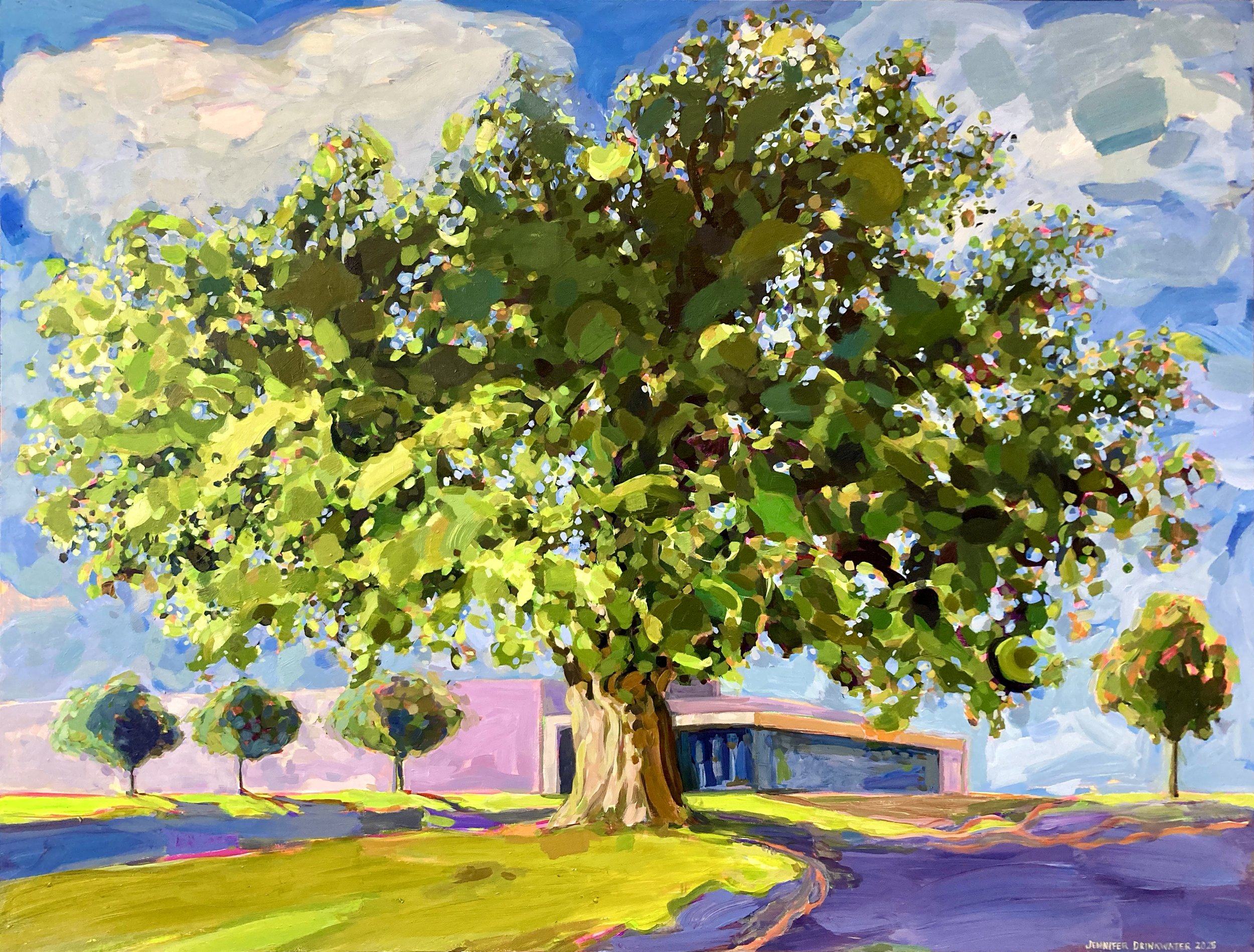 "Cottonwood" is an original Iowa landscape painting by Jennifer Drinkwater, inspired by the resilience of a ancient cottonwood tree at Des Moines Area Community College - Boone Campus. This intimate nature scene captures the beauty of growth and ren