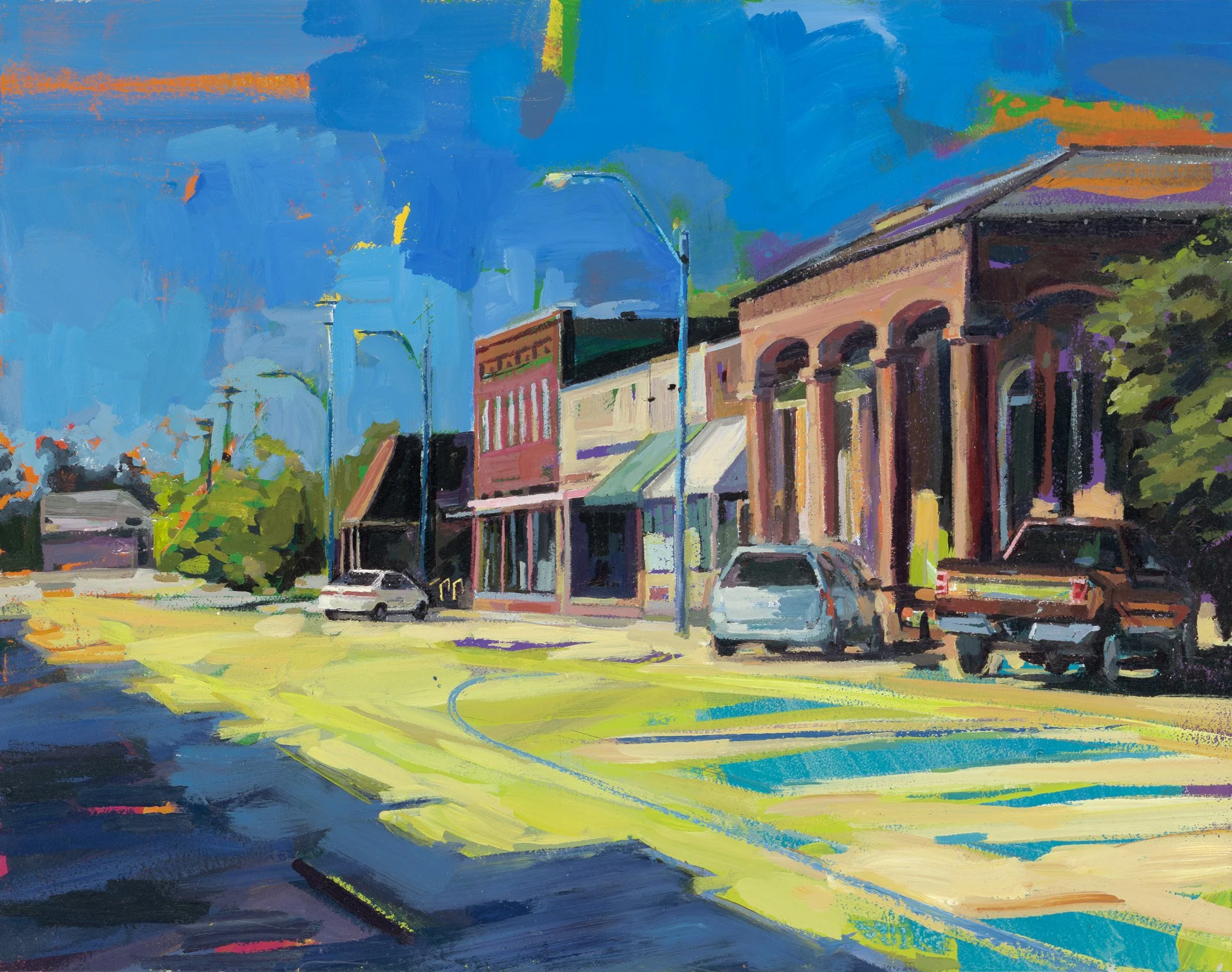 Downtown Marks limited edition fine art print by Jennifer Drinkwater — vibrant Mississippi Delta Main Street painting inspired by Quitman County community stories"